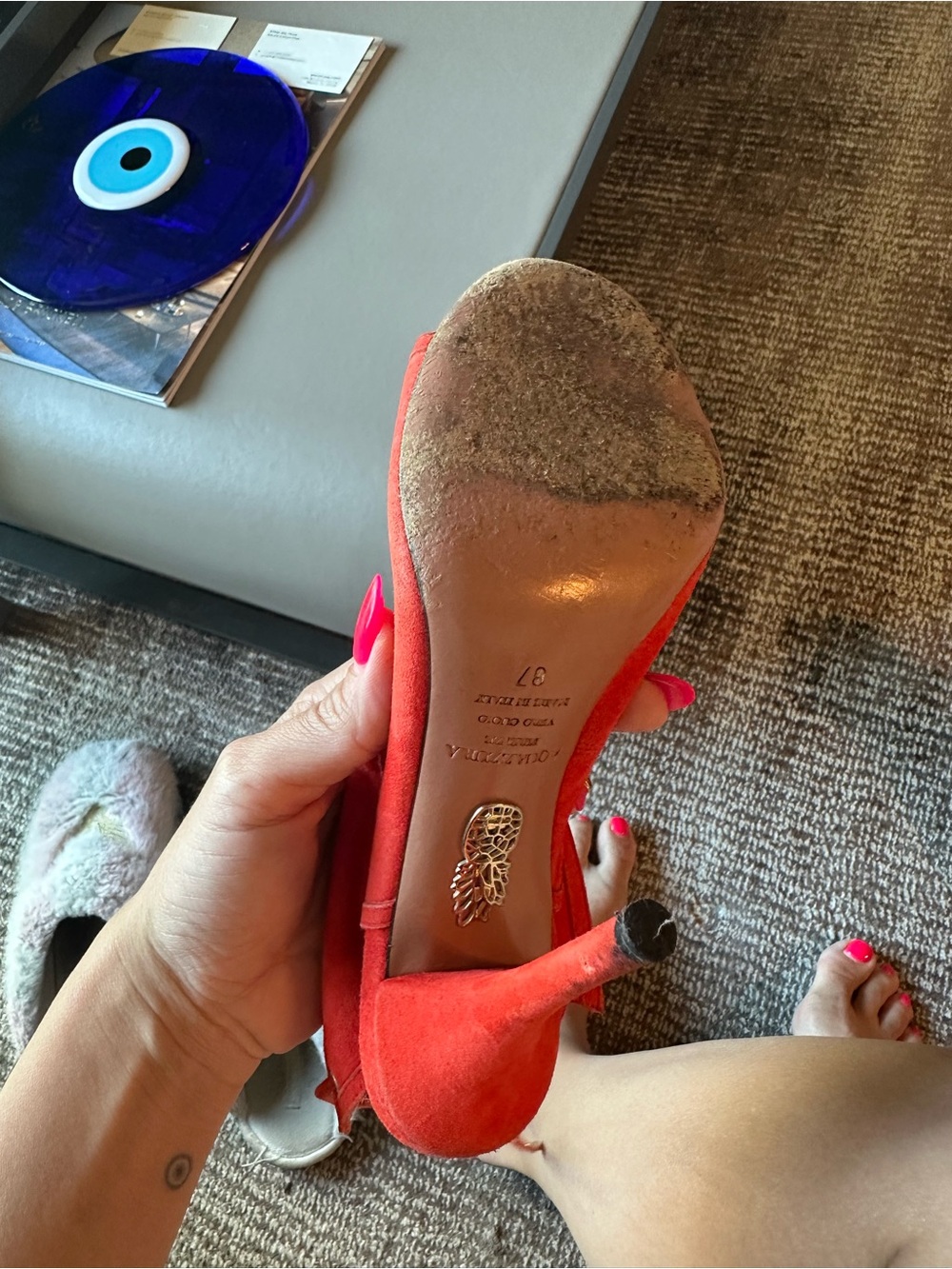 Aquazzura Red Suede Lace-Up Peep Toe Heels - Picture 7 of 8